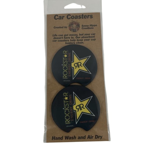 Car Coasters Rockstar Energy Drink Beverage Set of 2 Neoprene Absorbent - Picture 1 of 9
